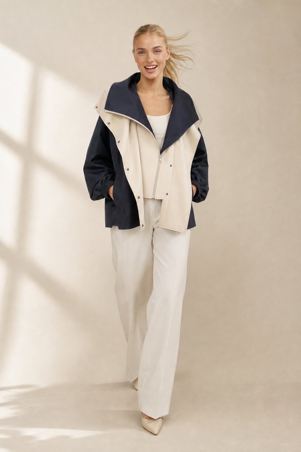 Women's Two Tone Windbreaker Jacket with Wide Lapels and Button Front