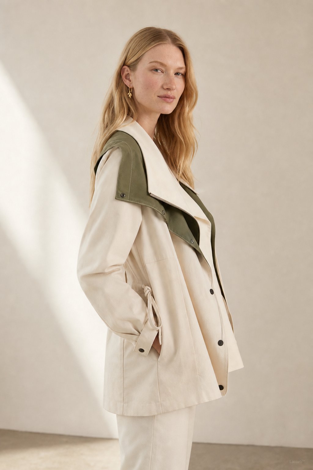 Women's Two Tone Windbreaker Jacket with Wide Lapels and Button Front