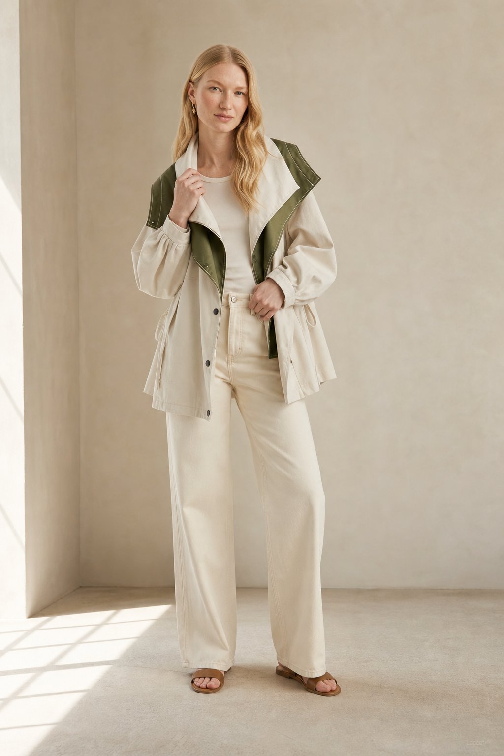 Women's Two Tone Windbreaker Jacket with Wide Lapels and Button Front