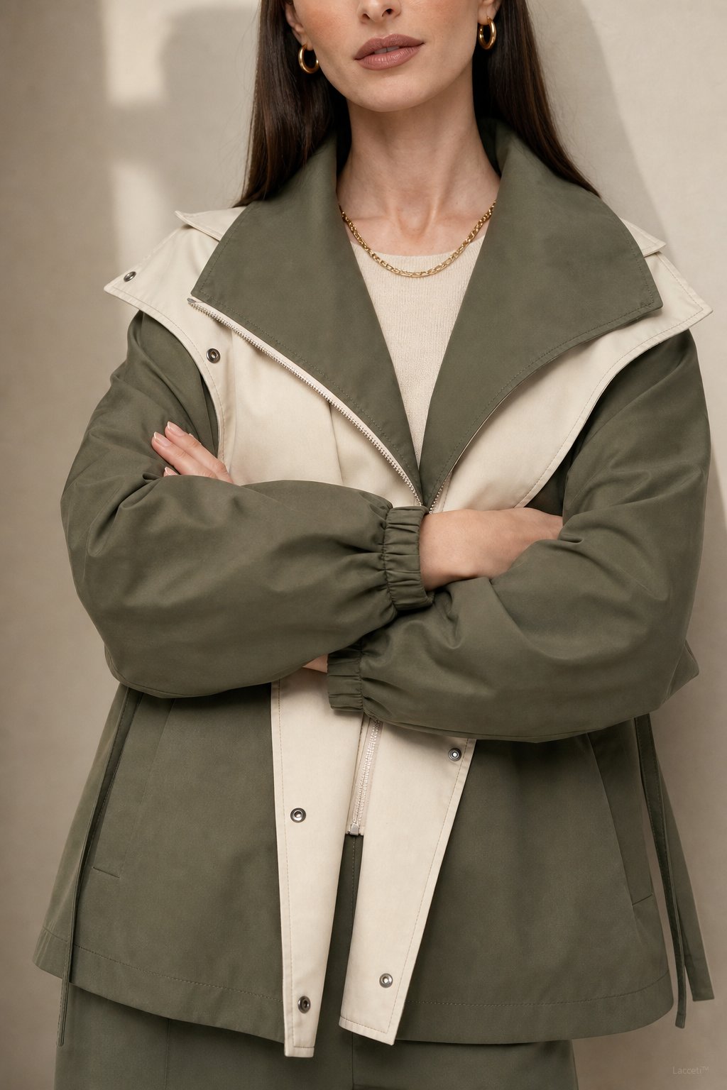 Women's Two Tone Windbreaker Jacket with Wide Lapels and Button Front