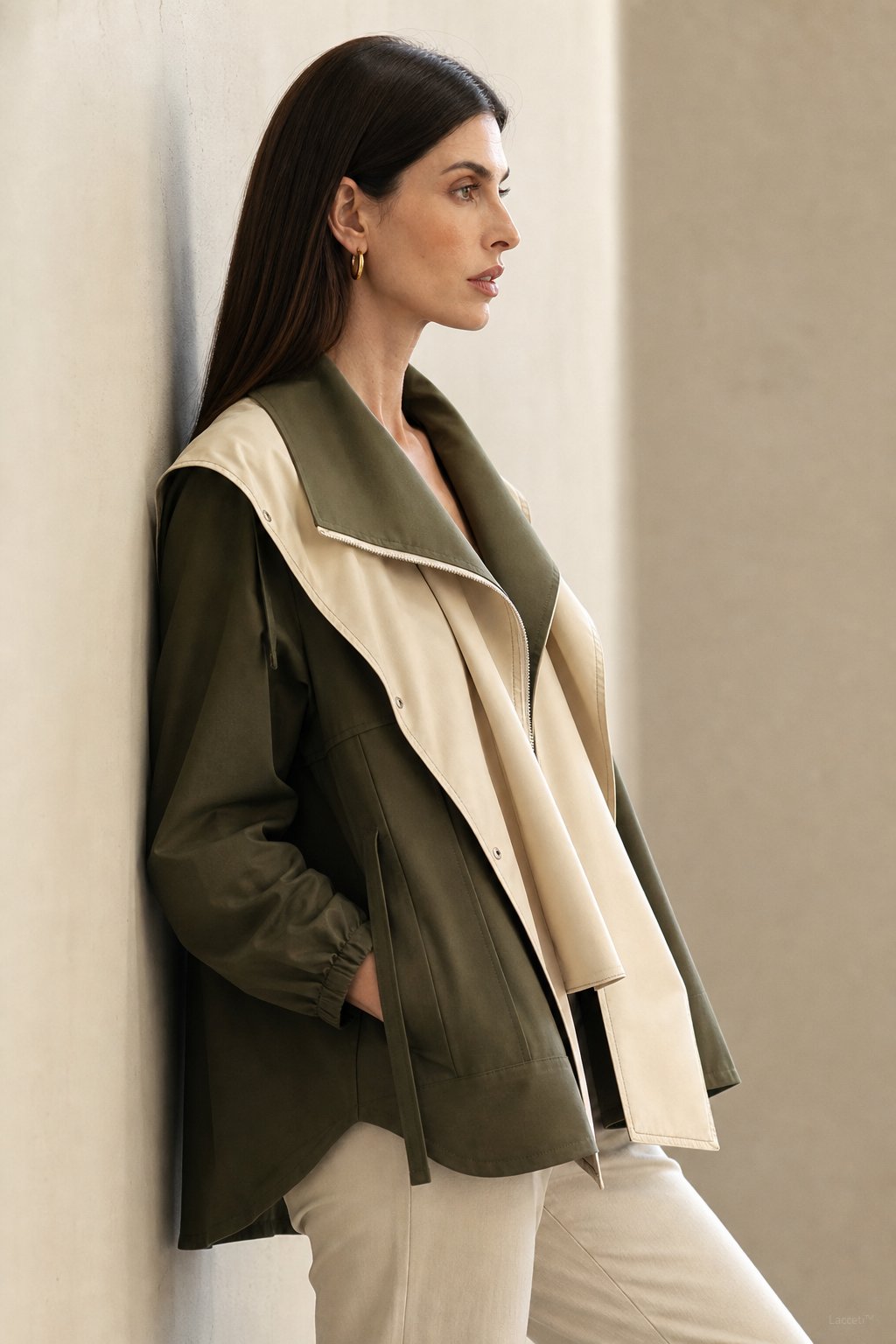 Women's Two Tone Windbreaker Jacket with Wide Lapels and Button Front