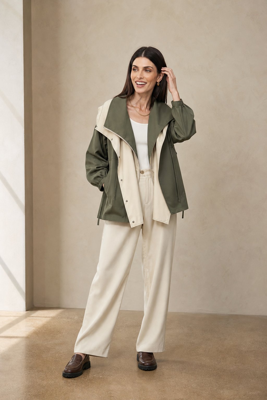 Women's Two Tone Windbreaker Jacket with Wide Lapels and Button Front