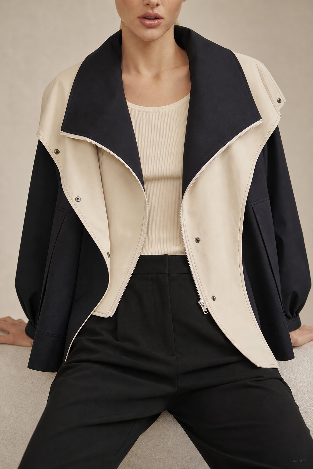 Women's Two Tone Windbreaker Jacket with Wide Lapels and Button Front