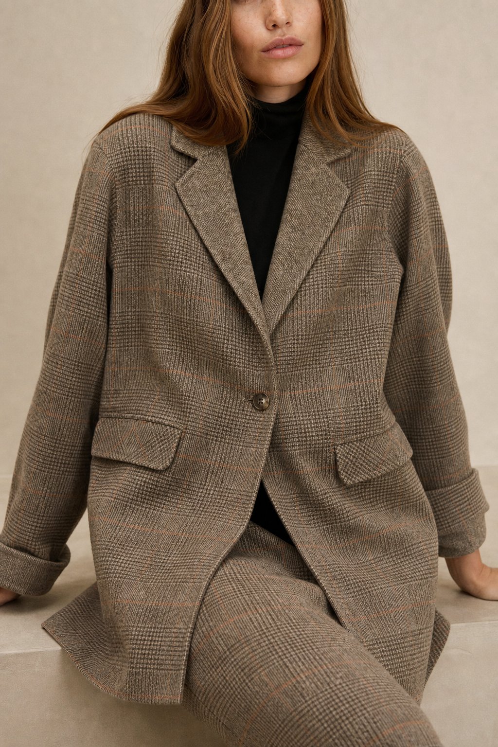 Women's Oversized Plaid Wool Blend Blazer Coat with Front Pockets
