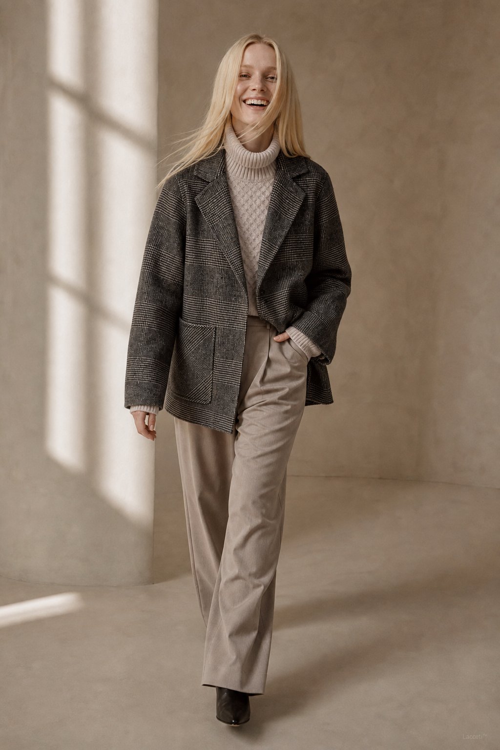 Women's Oversized Plaid Wool Blend Blazer Coat with Front Pockets