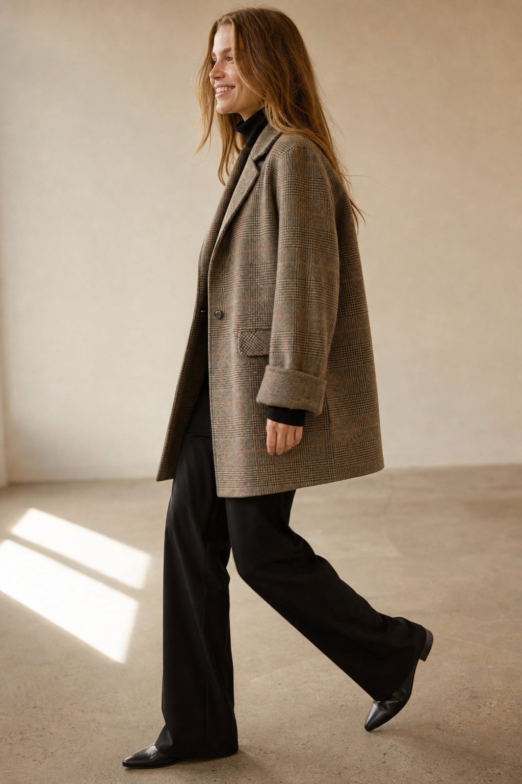 Women's Oversized Plaid Wool Blend Blazer Coat with Front Pockets