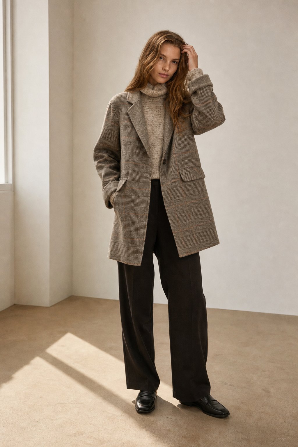 Women's Oversized Plaid Wool Blend Blazer Coat with Front Pockets