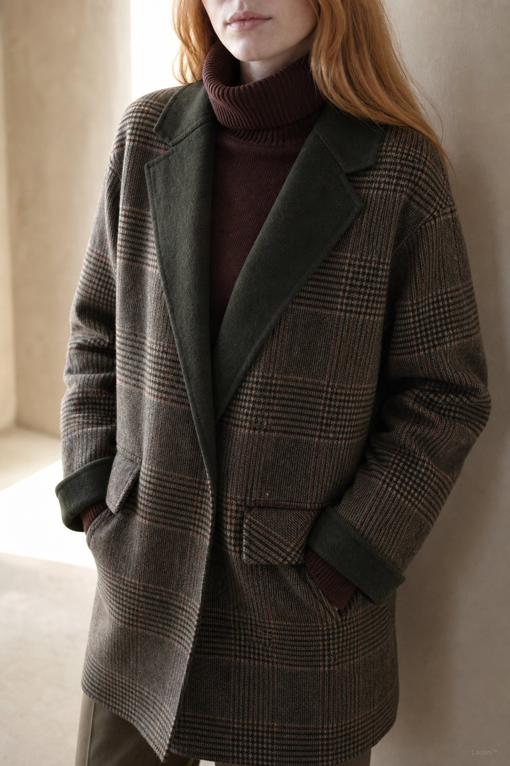 Women's Oversized Plaid Wool Blend Blazer Coat with Front Pockets