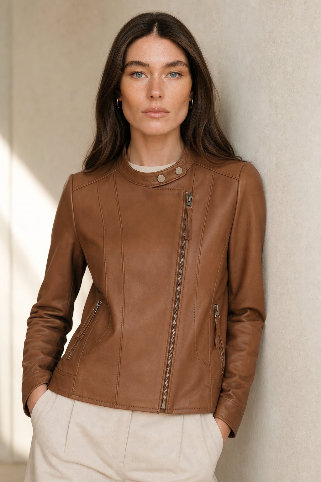Women's Slim Fit Leather Jacket with Asymmetric Zip and Snap Collar