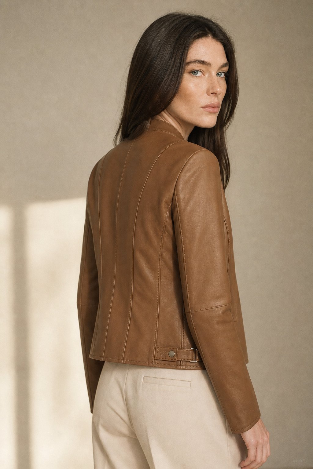 Women's Slim Fit Leather Jacket with Asymmetric Zip and Snap Collar