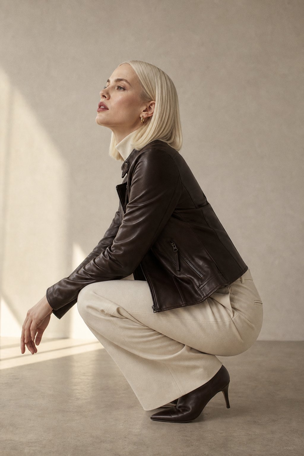 Women's Slim Fit Leather Jacket with Asymmetric Zip and Snap Collar