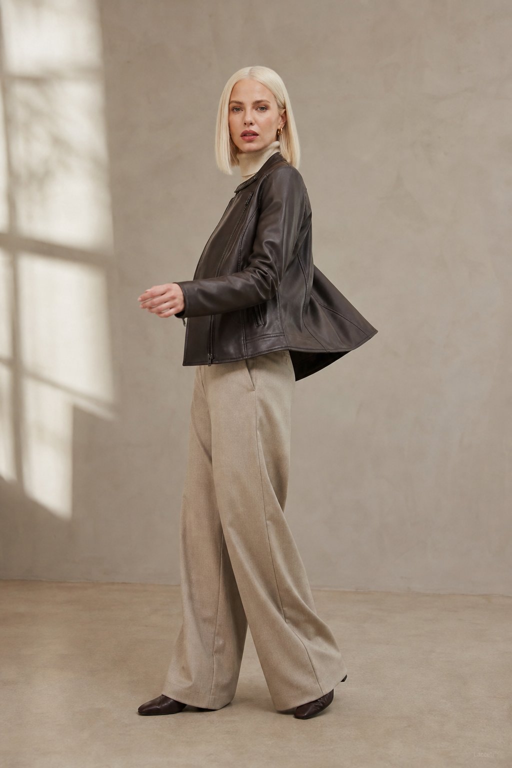 Women's Slim Fit Leather Jacket with Asymmetric Zip and Snap Collar