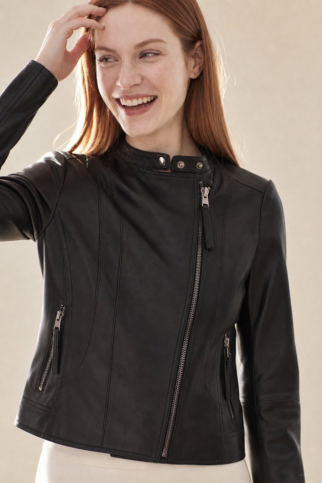 Women's Slim Fit Leather Jacket with Asymmetric Zip and Snap Collar