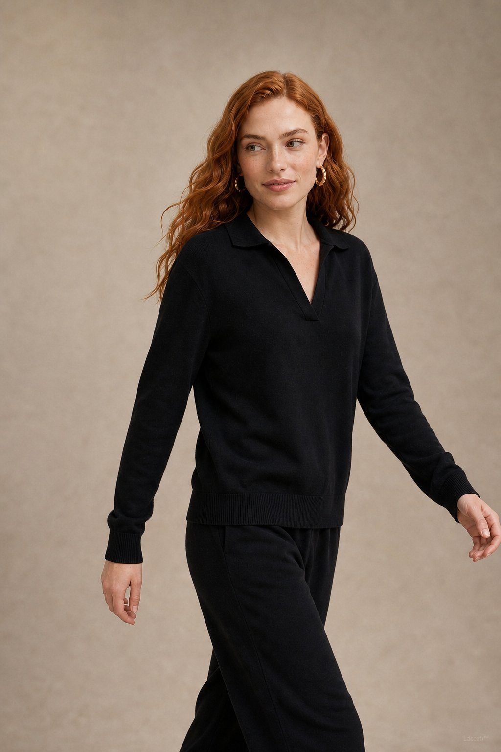 Women's Polo Collar Knit Sweater and Pants Set with V Neck