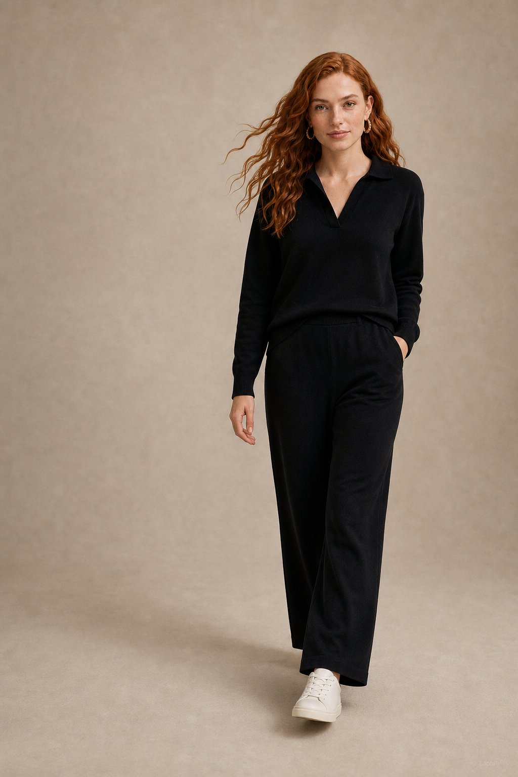 Women's Polo Collar Knit Sweater and Pants Set with V Neck