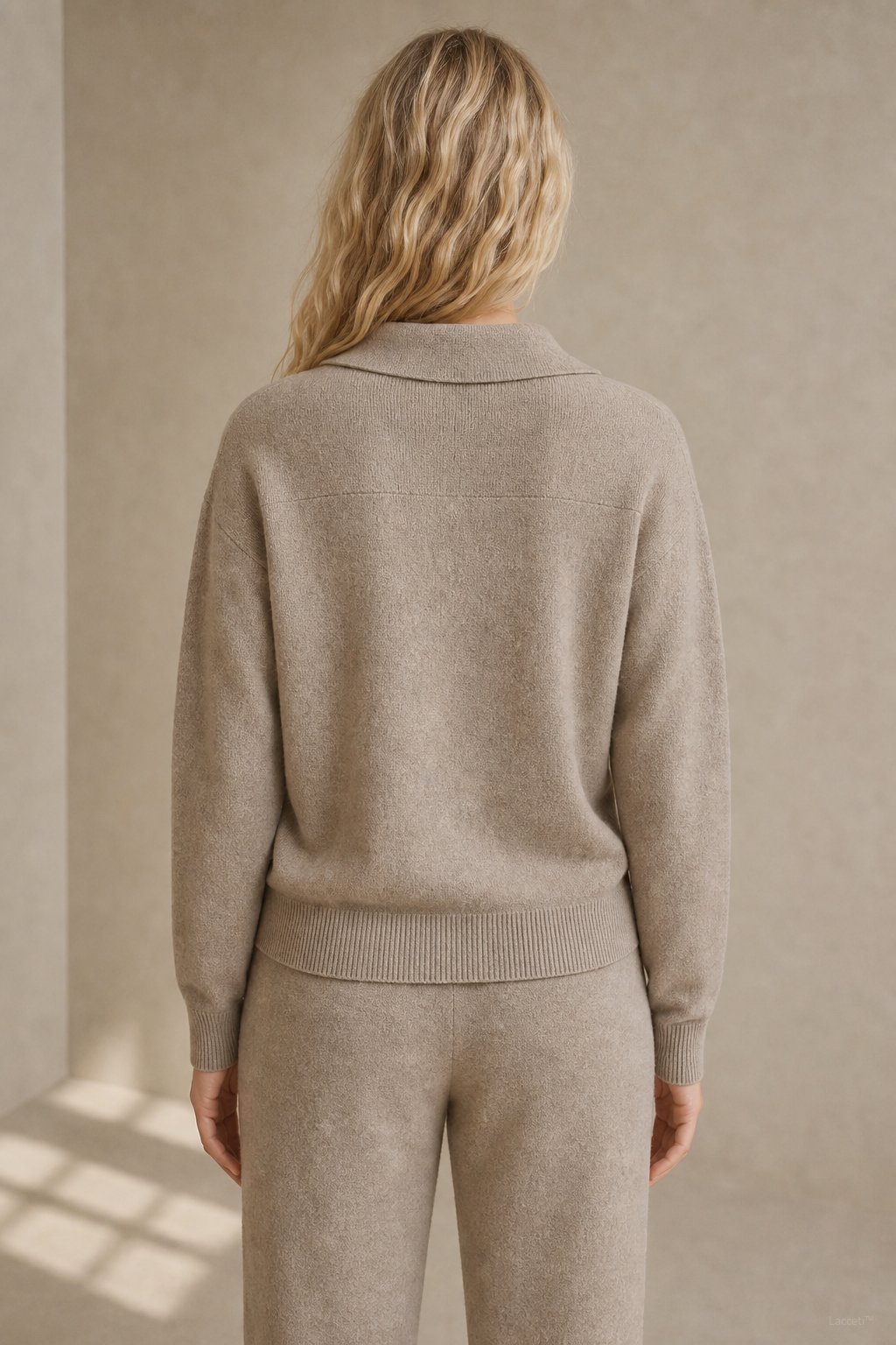 Women's Polo Collar Knit Sweater and Pants Set with V Neck