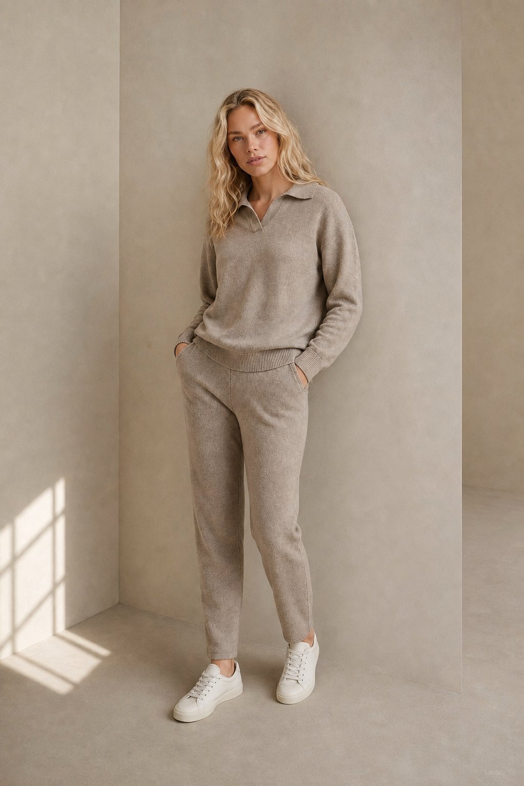 Women's Polo Collar Knit Sweater and Pants Set with V Neck