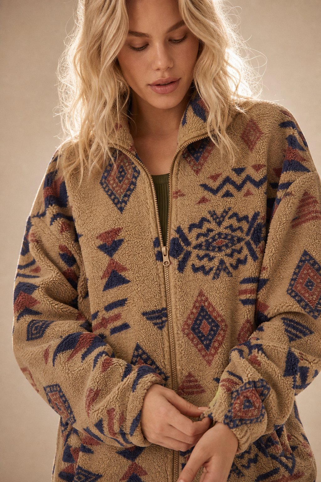 Women's Printed Fleece Jacket with Full Zip and Collar
