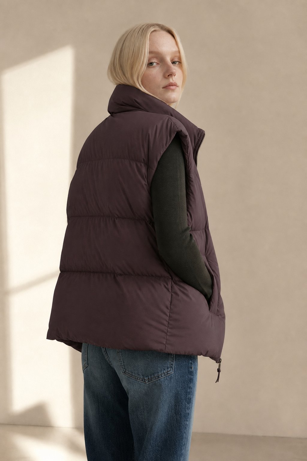 Women's Longline Quilted Puffer Vest with High Collar