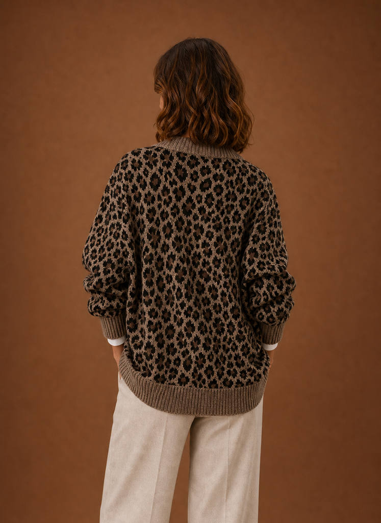Women's Leopard Print Knit Cardigan with V Neck and Button Up Front