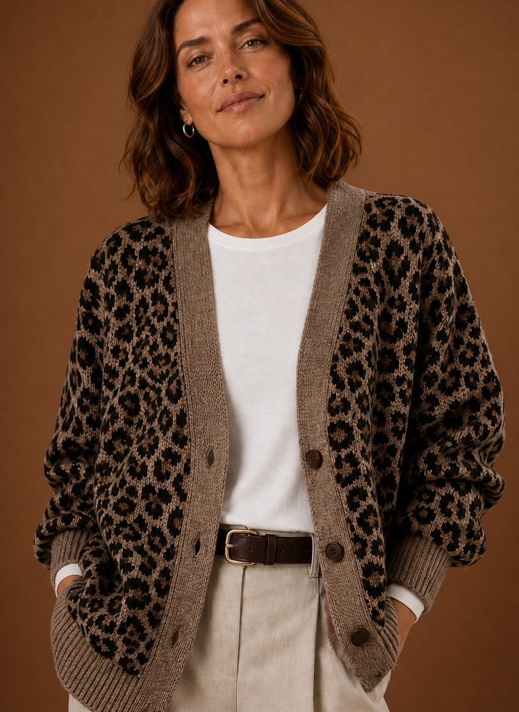 Women's Leopard Print Knit Cardigan with V Neck and Button Up Front