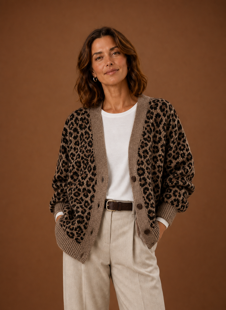 Women's Leopard Print Knit Cardigan with V Neck and Button Up Front