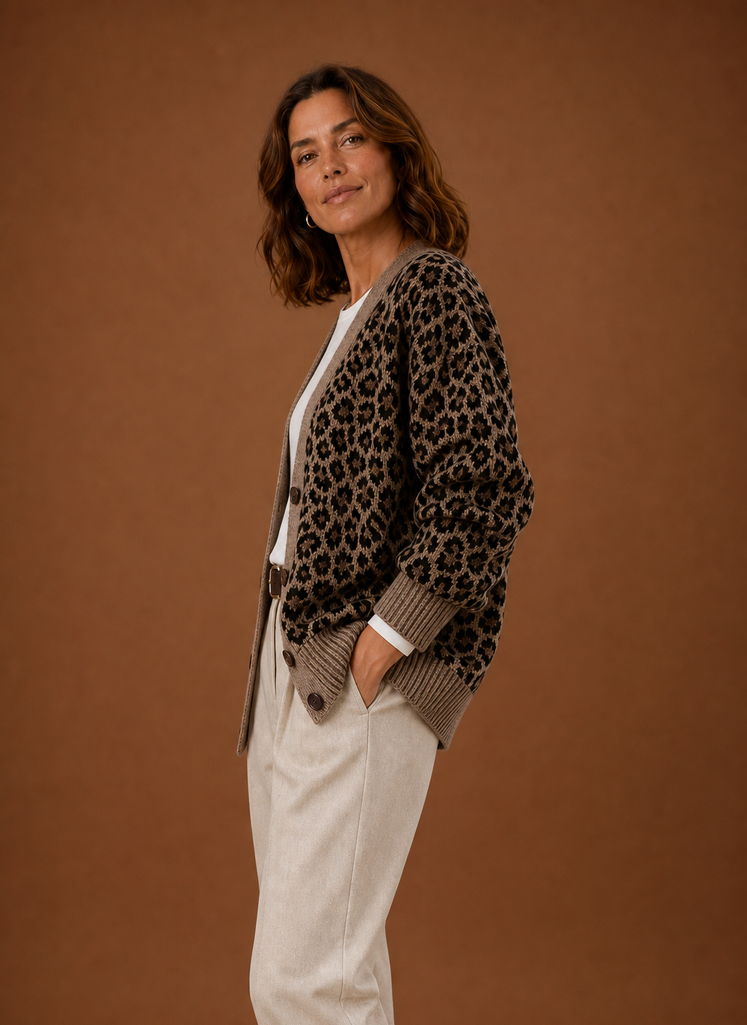 Women's Leopard Print Knit Cardigan with V Neck and Button Up Front