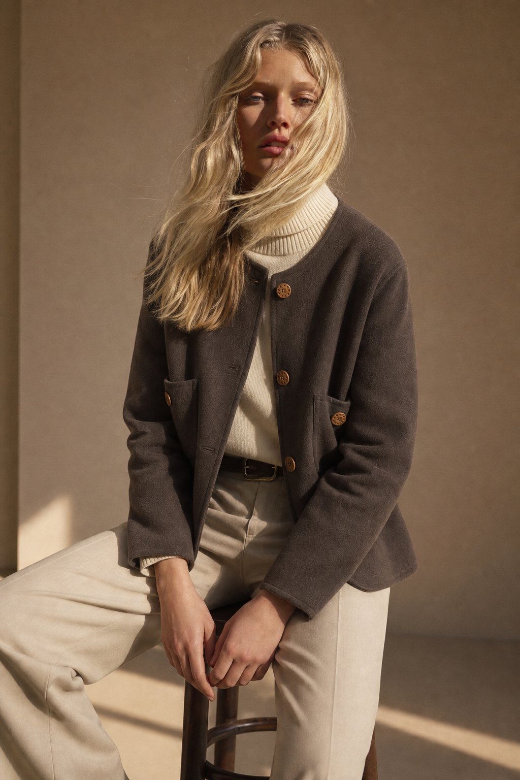 Women's Collarless Wool Jacket with Button Front and Front Pockets