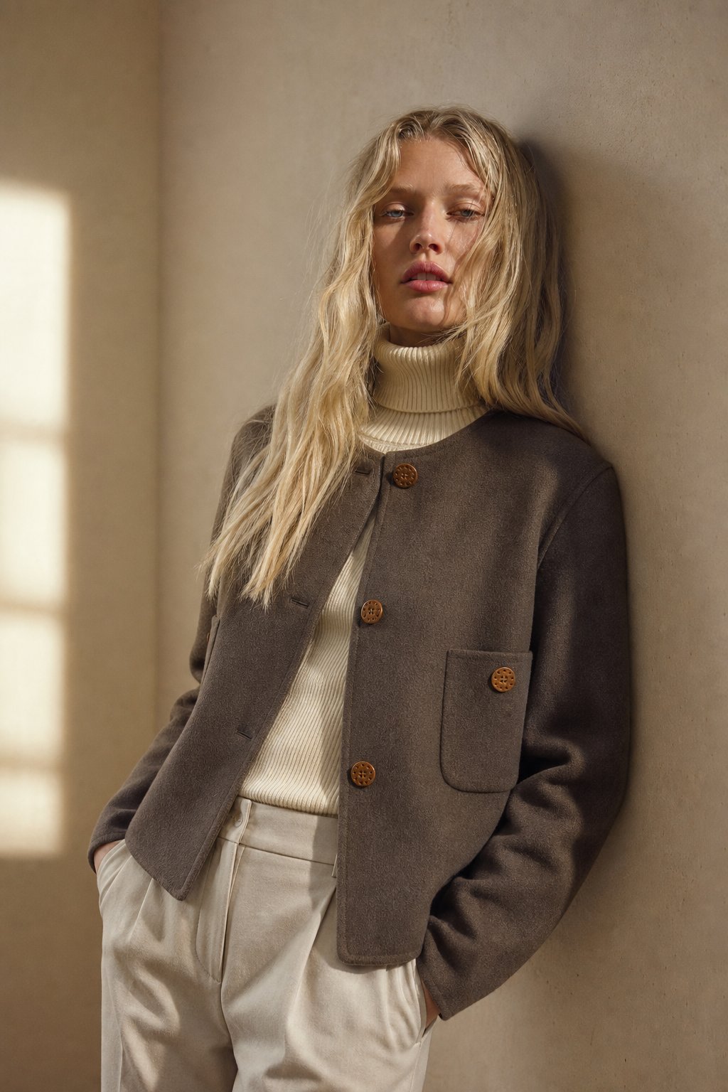 Women's Collarless Wool Jacket with Button Front and Front Pockets