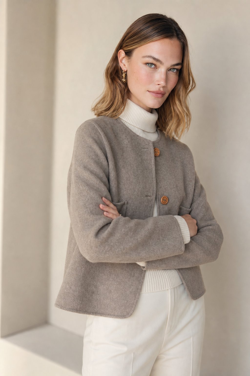 Women's Collarless Wool Jacket with Button Front and Front Pockets