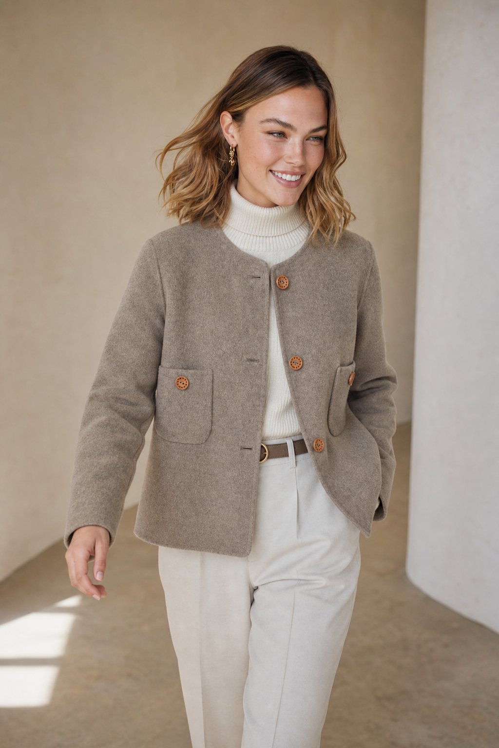Women's Collarless Wool Jacket with Button Front and Front Pockets