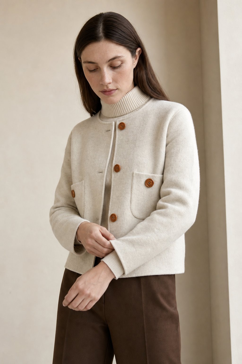 Women's Collarless Wool Jacket with Button Front and Front Pockets