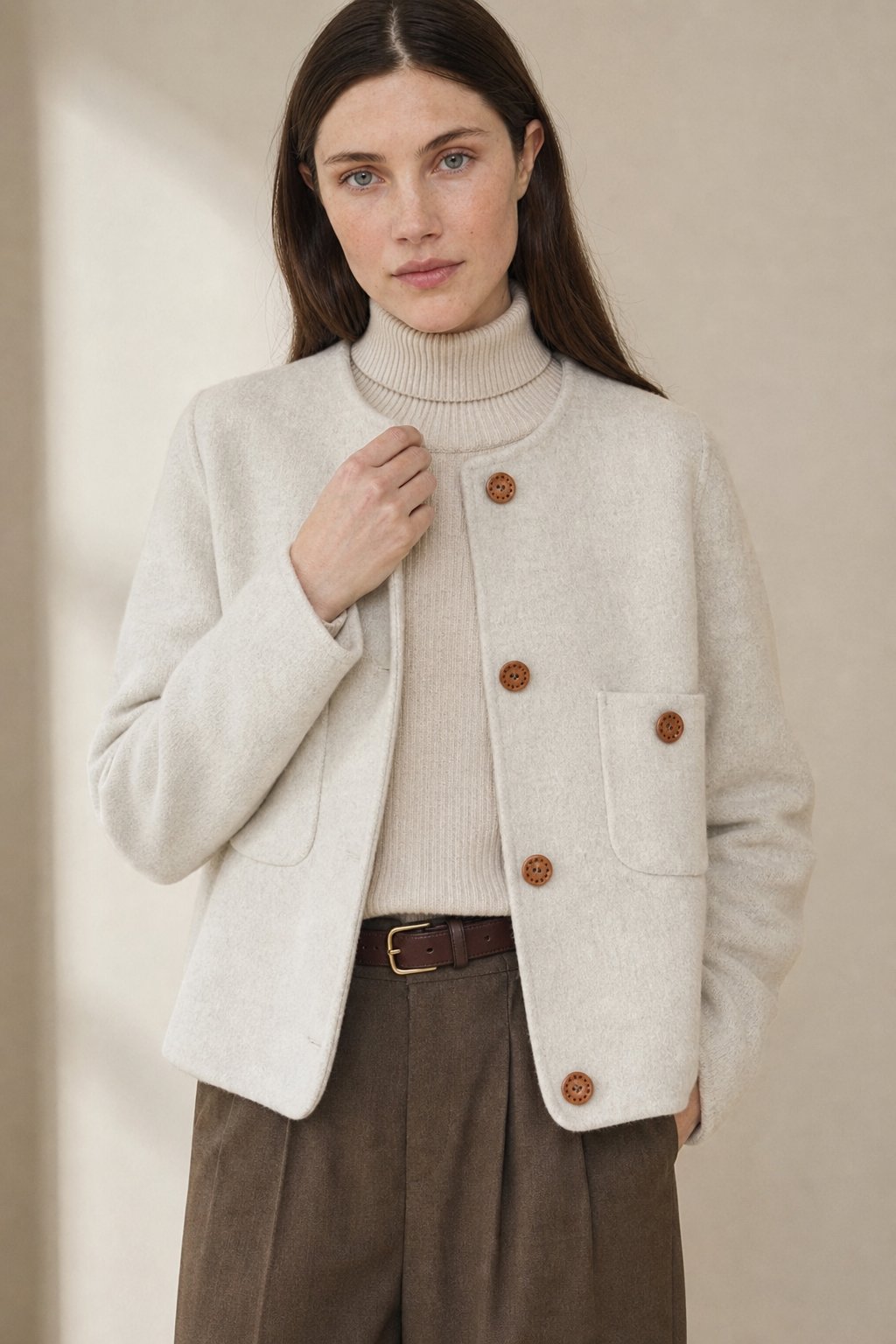Women's Collarless Wool Jacket with Button Front and Front Pockets