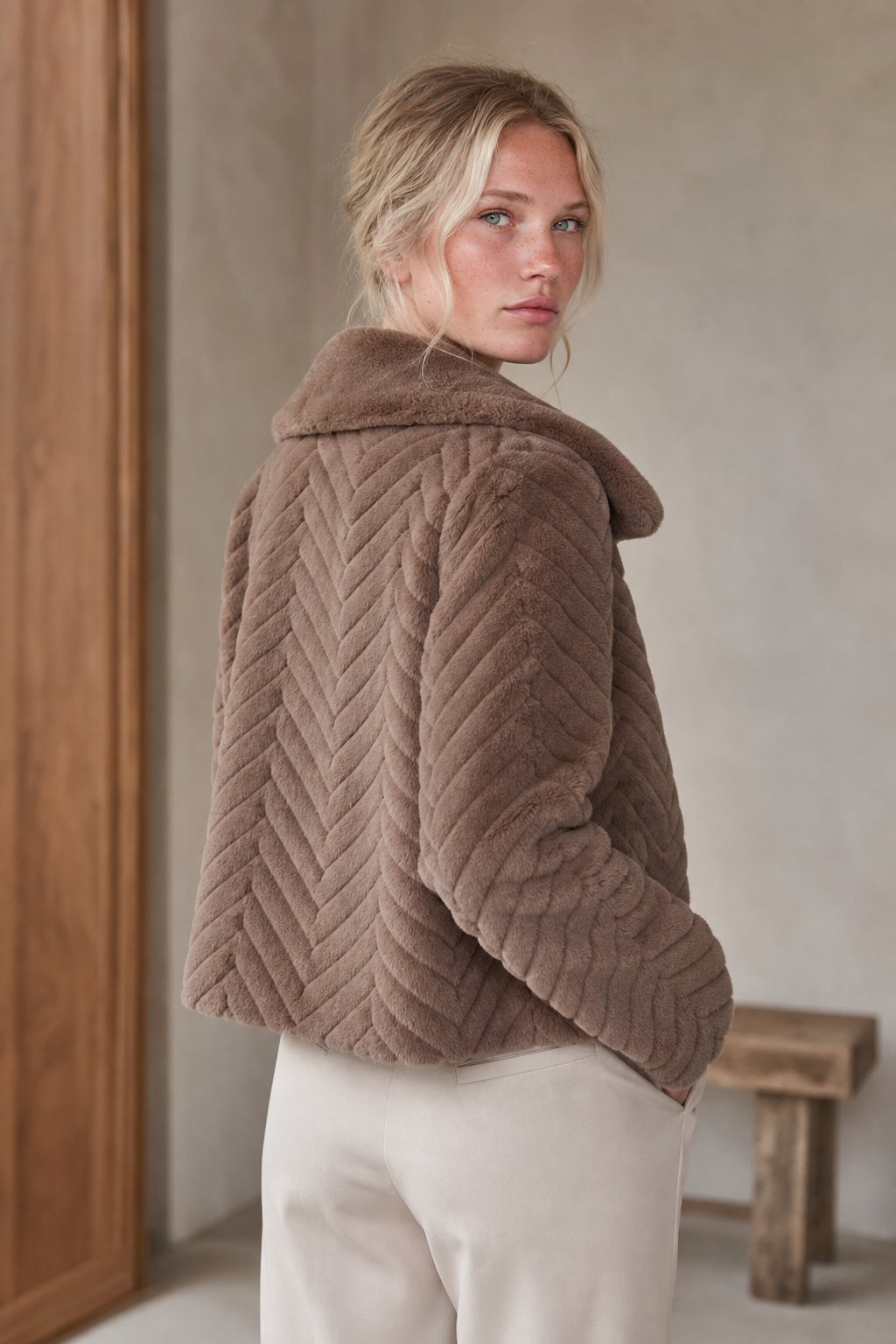 Women's Cropped Faux Fur Jacket with Chevron Quilted Pattern and Collar
