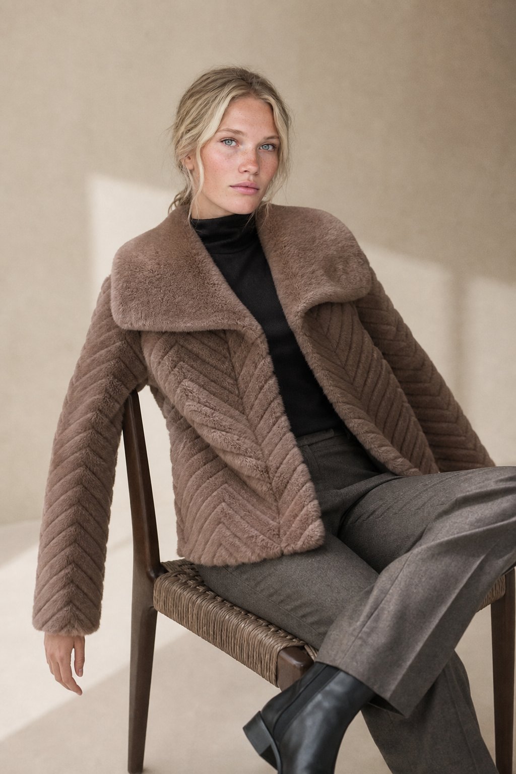 Women's Cropped Faux Fur Jacket with Chevron Quilted Pattern and Collar