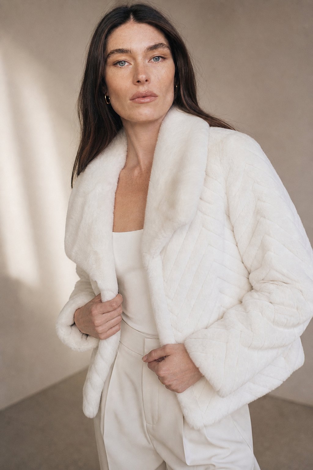 Women's Cropped Faux Fur Jacket with Chevron Quilted Pattern and Collar