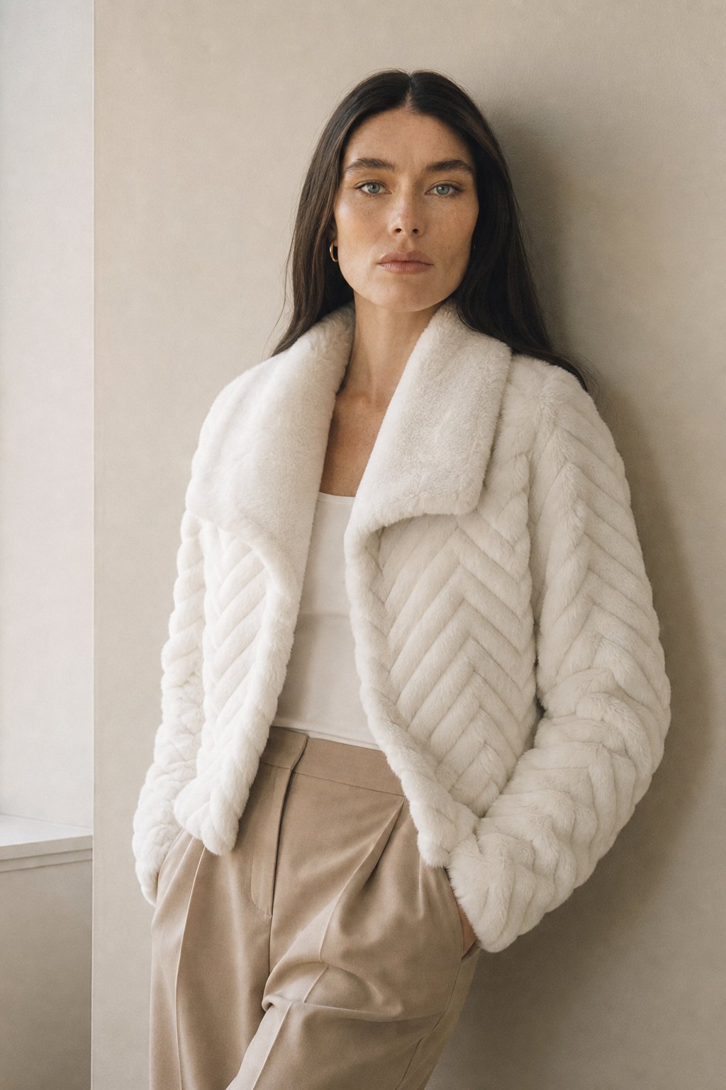 Women's Cropped Faux Fur Jacket with Chevron Quilted Pattern and Collar
