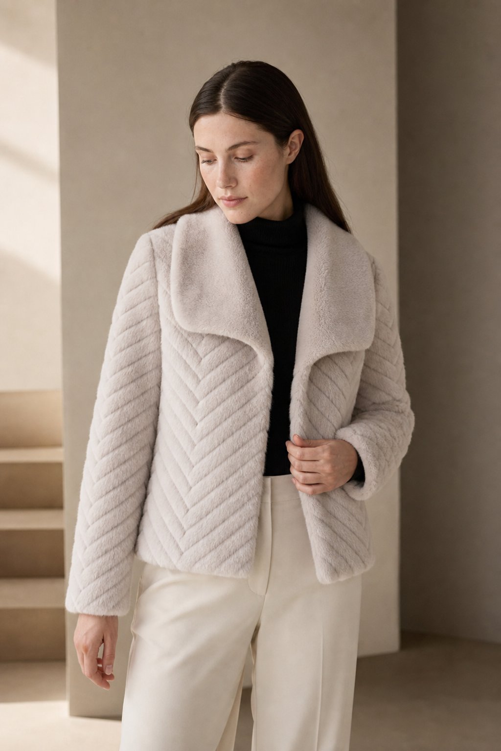 Women's Cropped Faux Fur Jacket with Chevron Quilted Pattern and Collar