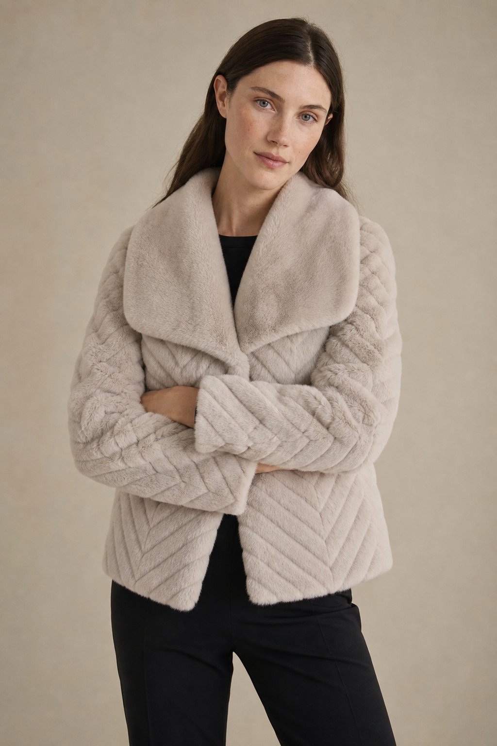 Women's Cropped Faux Fur Jacket with Chevron Quilted Pattern and Collar
