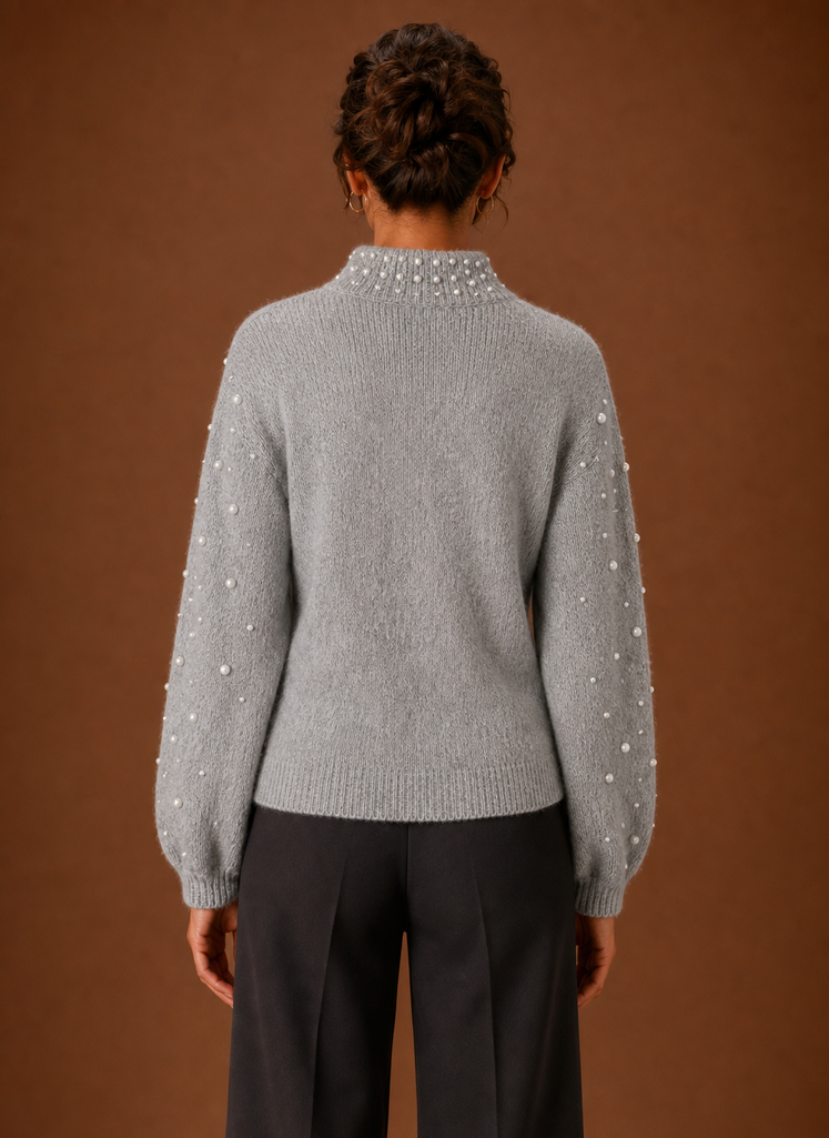 Women's Pearl Embellished Knit Pullover Sweater with Mock Neck and Ribbed Hem