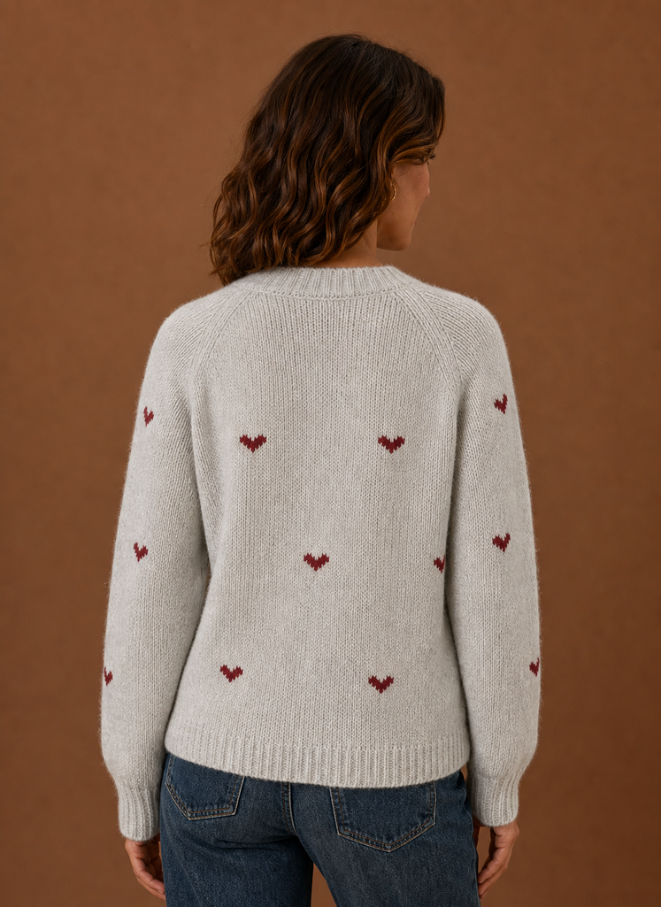 Women's Crew Neck Knit Pullover Sweater with Heart Print and Ribbed Cuffs