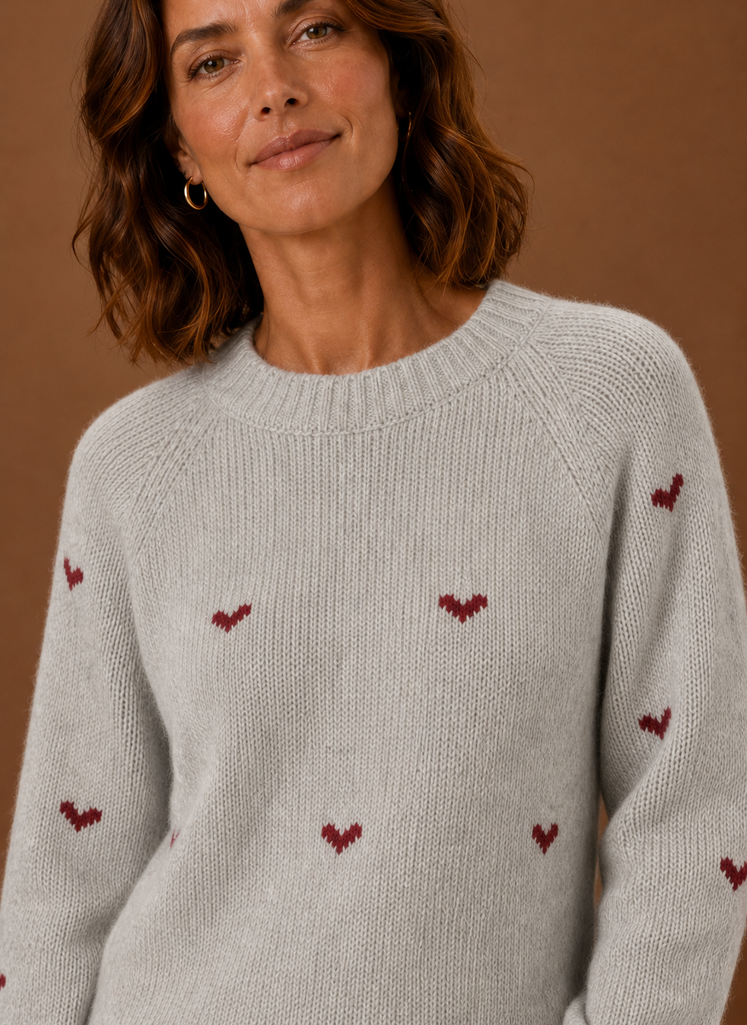 Women's Crew Neck Knit Pullover Sweater with Heart Print and Ribbed Cuffs