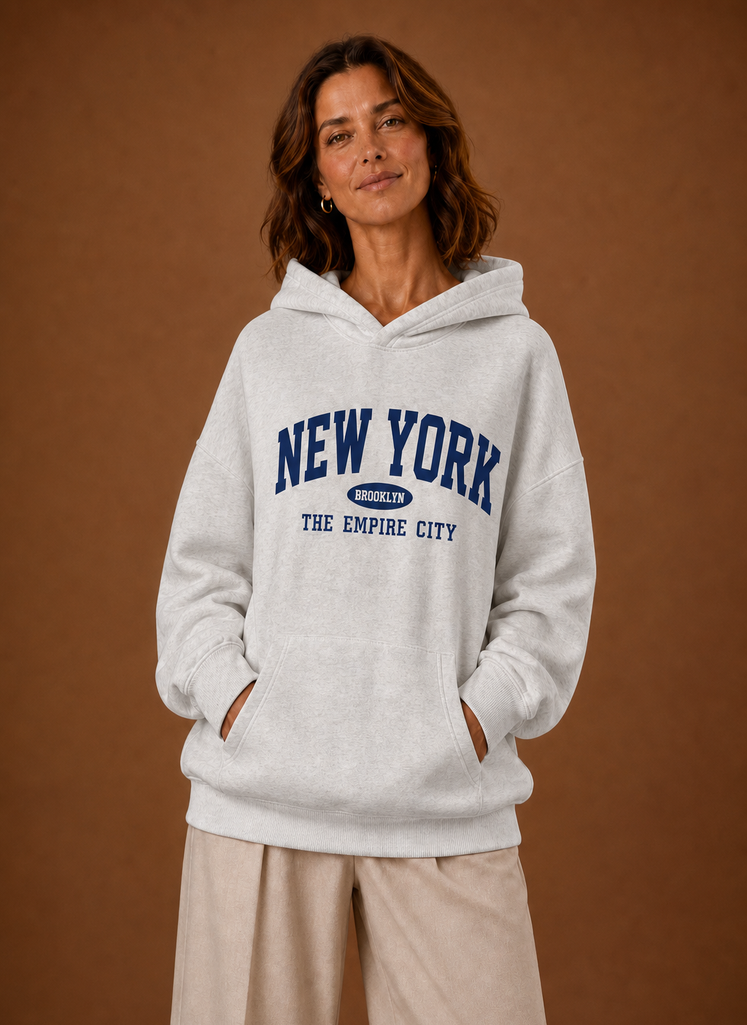Women's Oversized Pullover Hoodie with New York Graphic Print