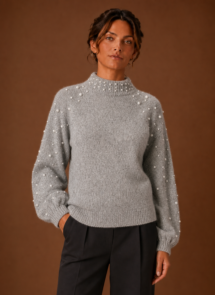 Women's Pearl Embellished Knit Pullover Sweater with Mock Neck and Ribbed Hem