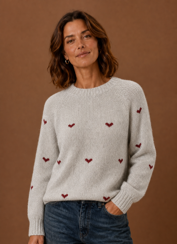 Women's Crew Neck Knit Pullover Sweater with Heart Print and Ribbed Cuffs