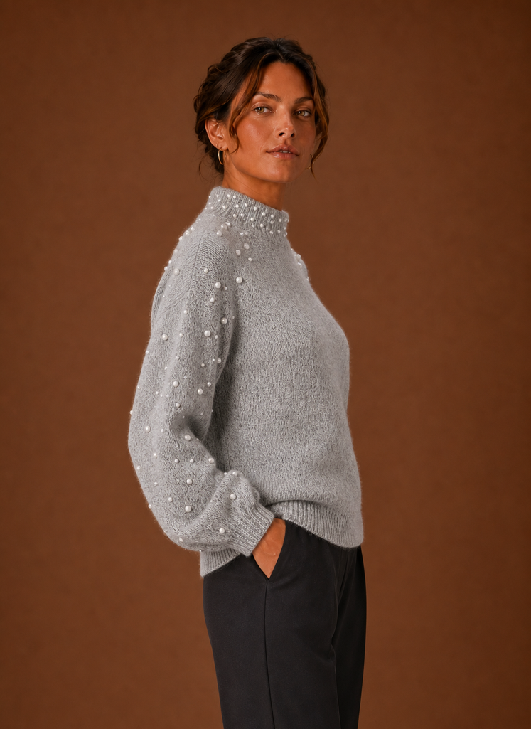 Women's Pearl Embellished Knit Pullover Sweater with Mock Neck and Ribbed Hem
