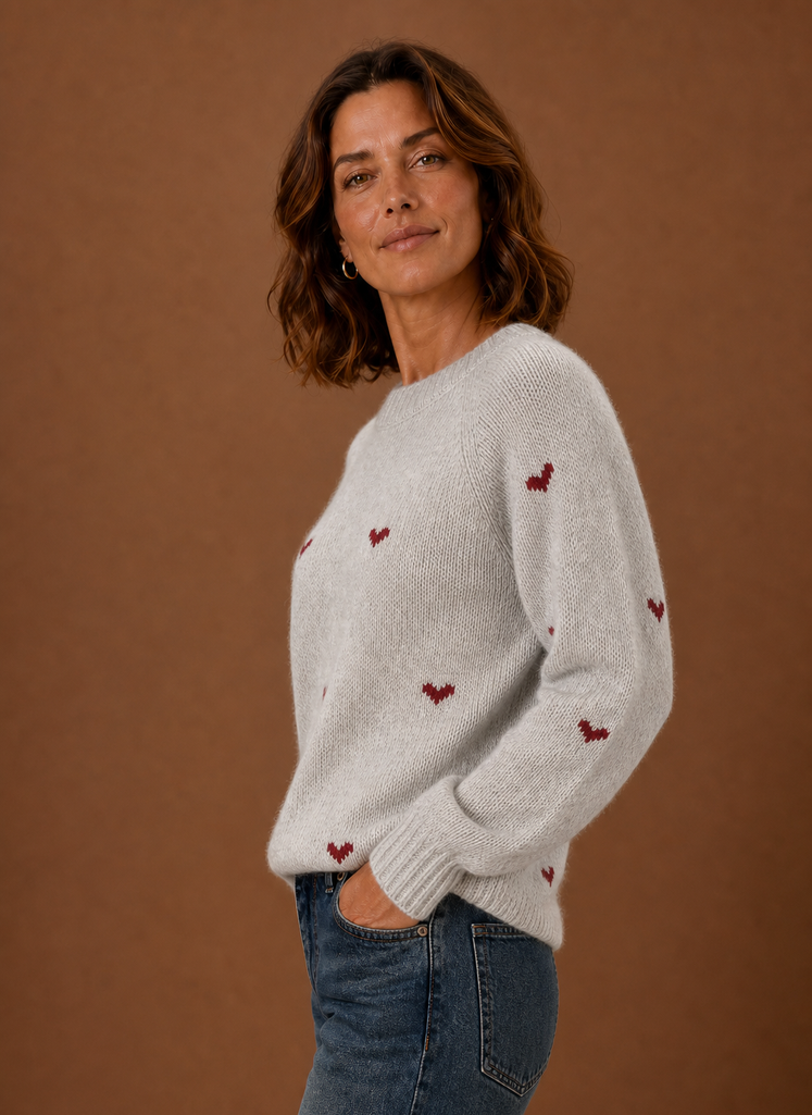 Women's Crew Neck Knit Pullover Sweater with Heart Print and Ribbed Cuffs