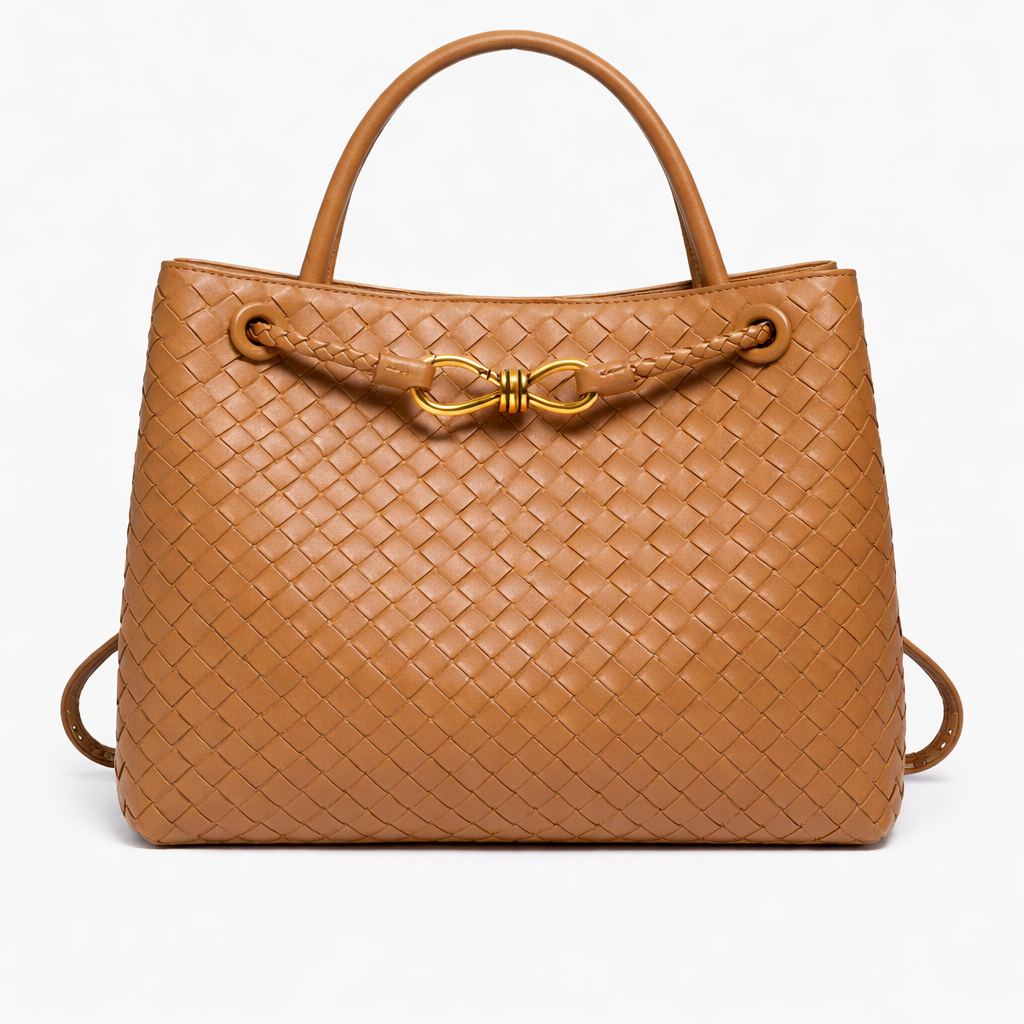 Women's Woven Faux Leather Tote Bag with Gold Clasp