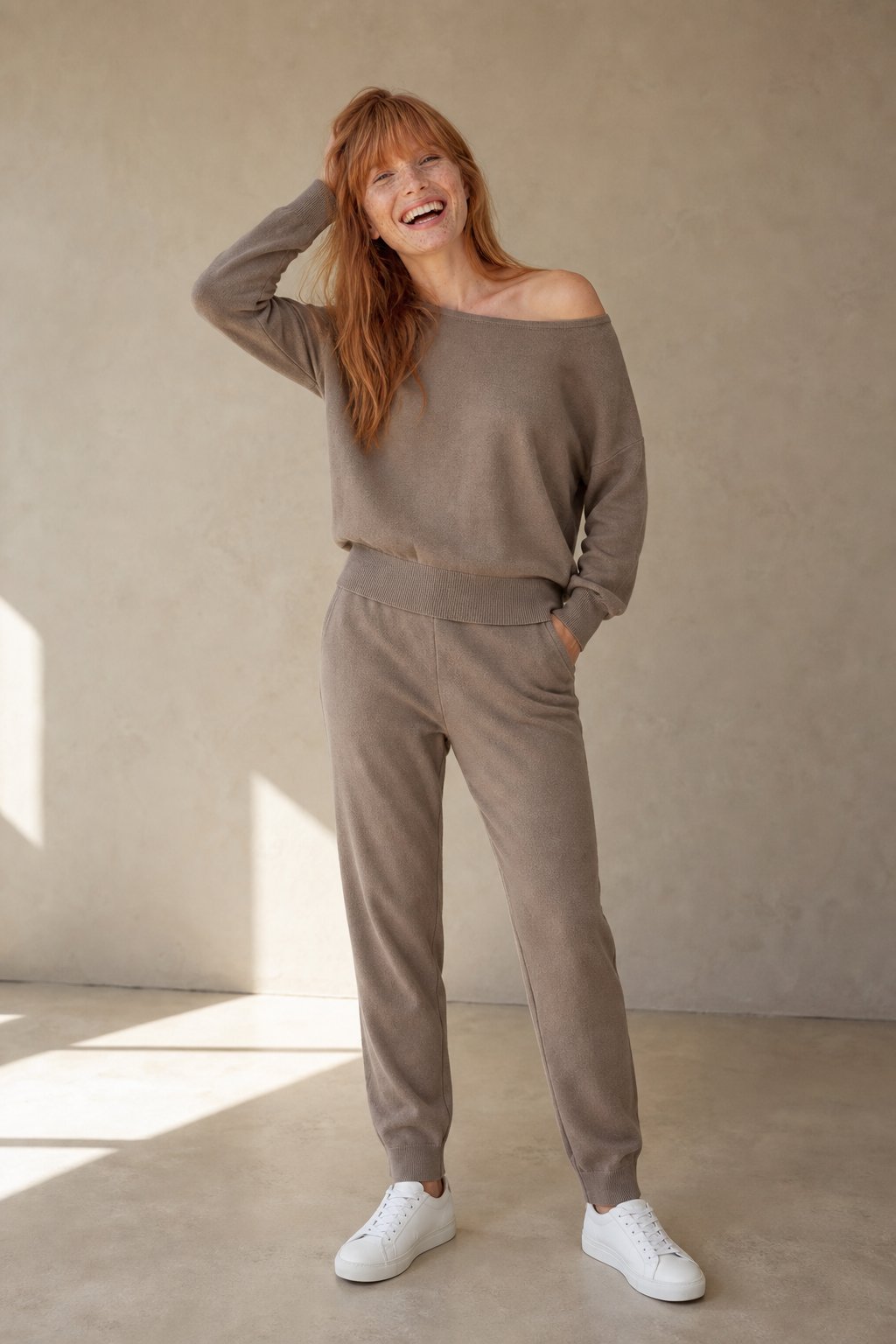 Women's Off Shoulder Knit Sweater and Pants Set with Wide Neck