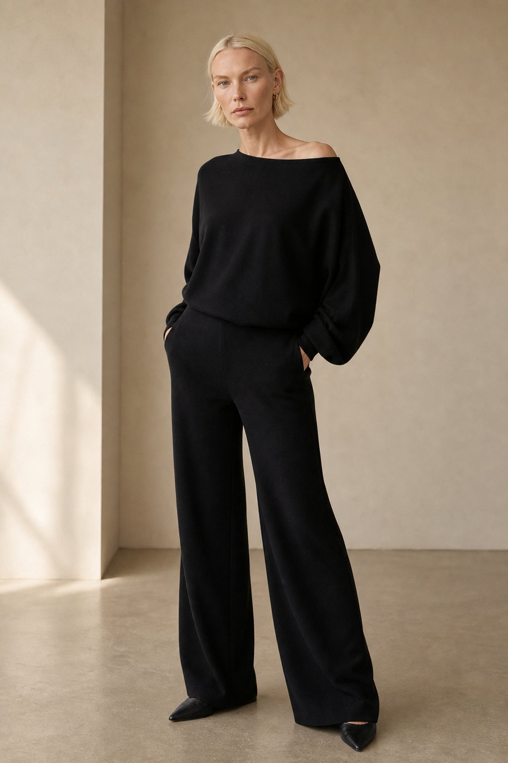 Women's Off Shoulder Knit Sweater and Pants Set with Wide Neck